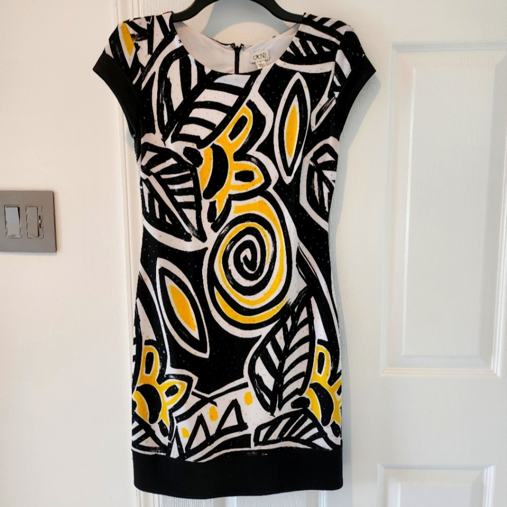 Cache Sequin Mini Dress Black Yellow White Pattern Size S Party Cocktail
